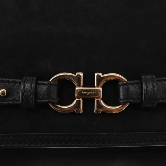 Authentic Salvatore Ferragamo Gancini Shoulder Bag Suede Leather Black Gold - Picture 6 of 16